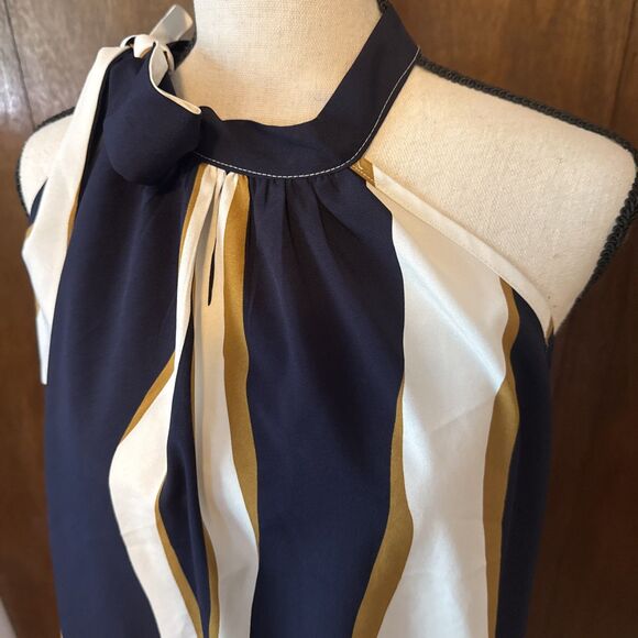 Polyester Blue/Tan/Cream Striped Bow Tie Shoulder Blouse XXL - Picture 4 of 7